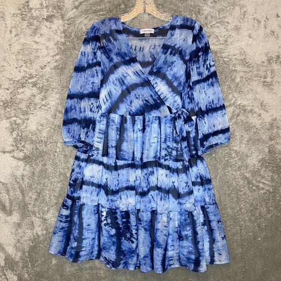 Calvin Klein Women Beachy Boho Tie Dye Faux Wrap Tiered Swing Mini Dress 6 Blue - Picture 1 of 14
